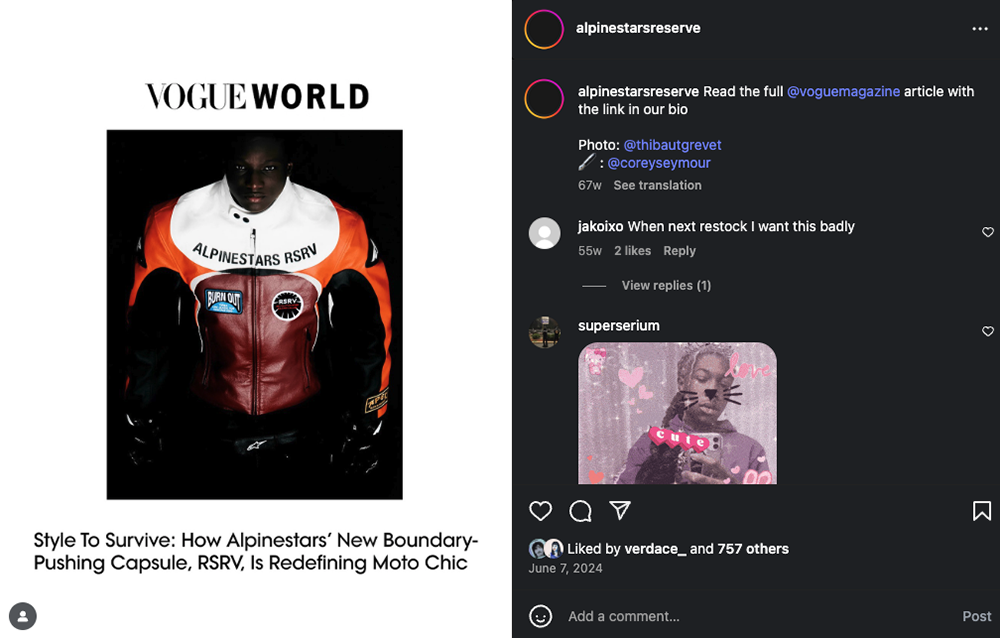 Screenshot of Vogue featuring the Alpinestars RSRV collection
