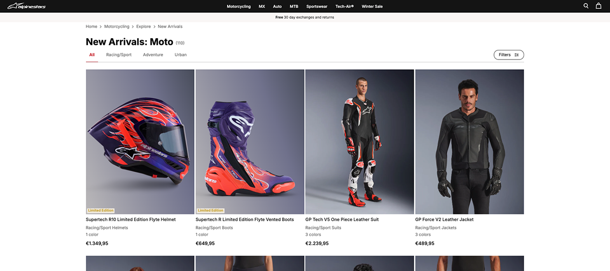 Screenshot of the Alpinestars e-commerce website design
