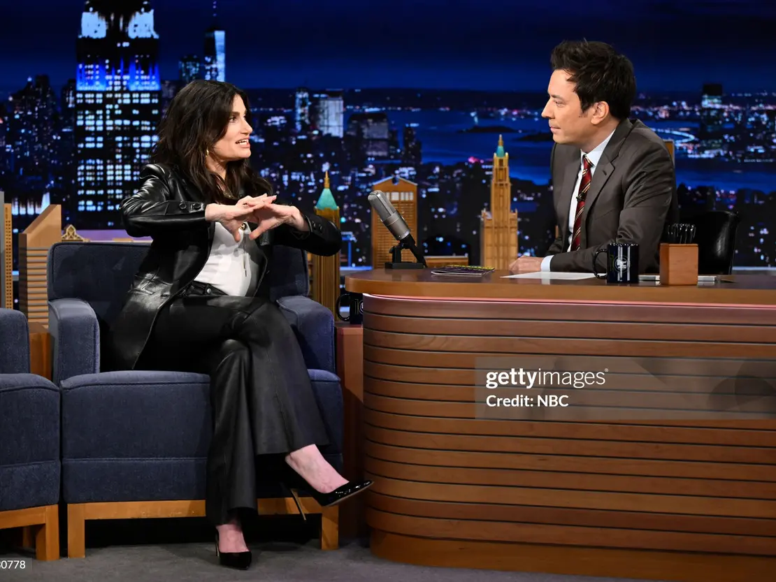 Idina Menzel wearing the Denise Leather Pants and Jordan Blazer on The Tonight Show