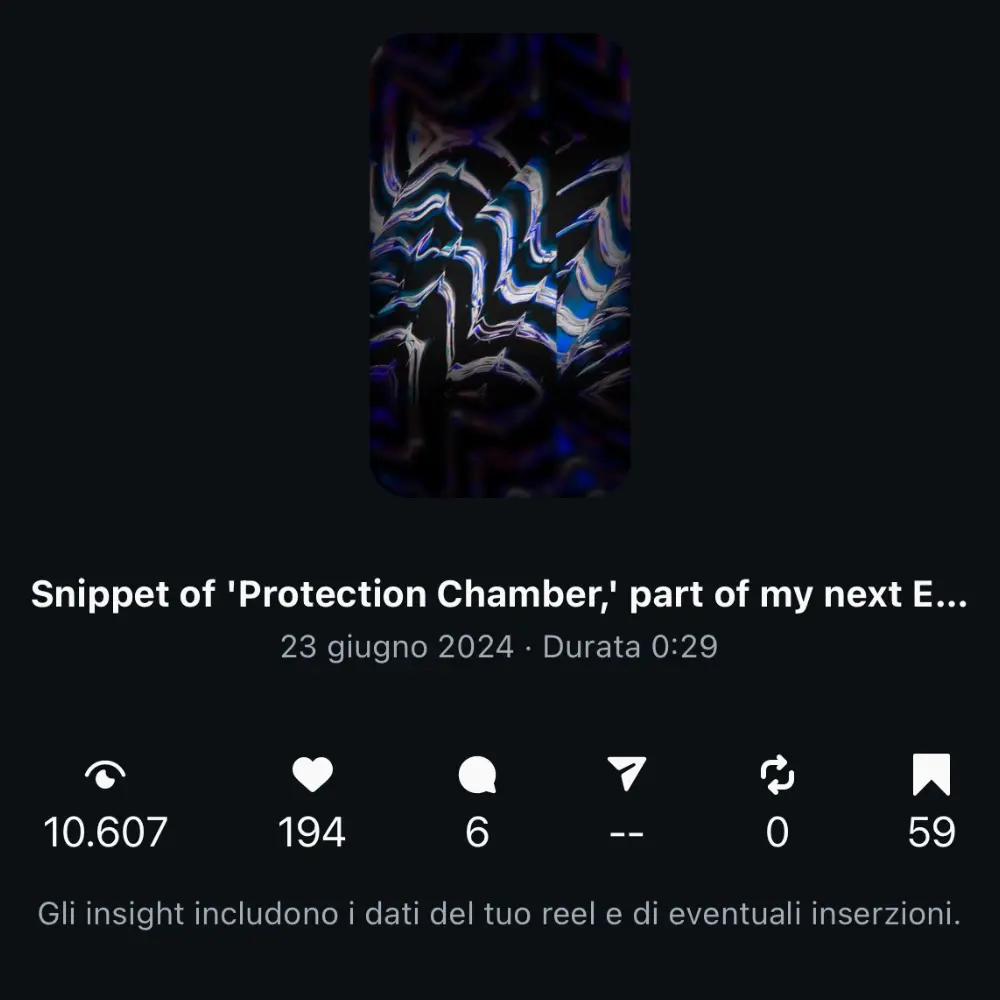 Instagram Ads dashboard showing performance metrics for an abstract metallic animation in blue and purple tones