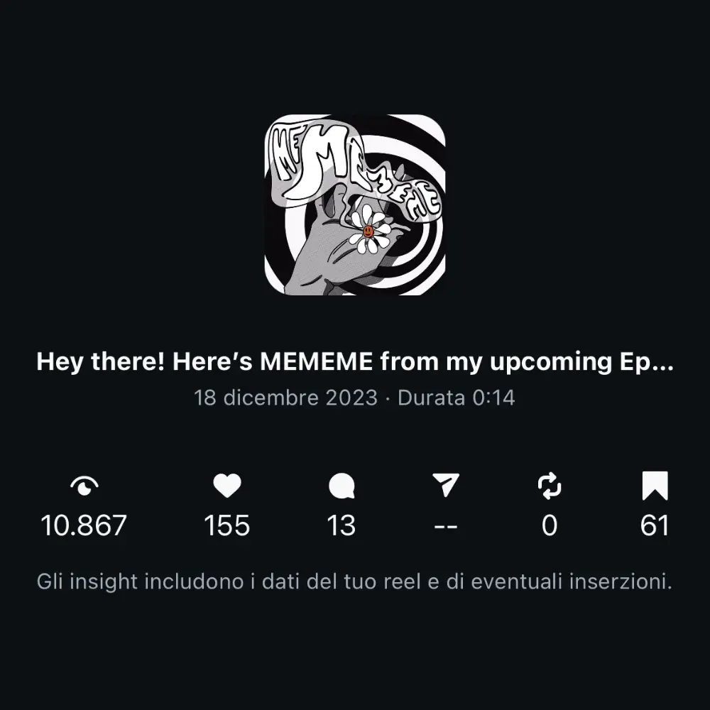 Instagram Ads dashboard showing performance metrics for a black and white psychedelic animation with a hand holding a flower