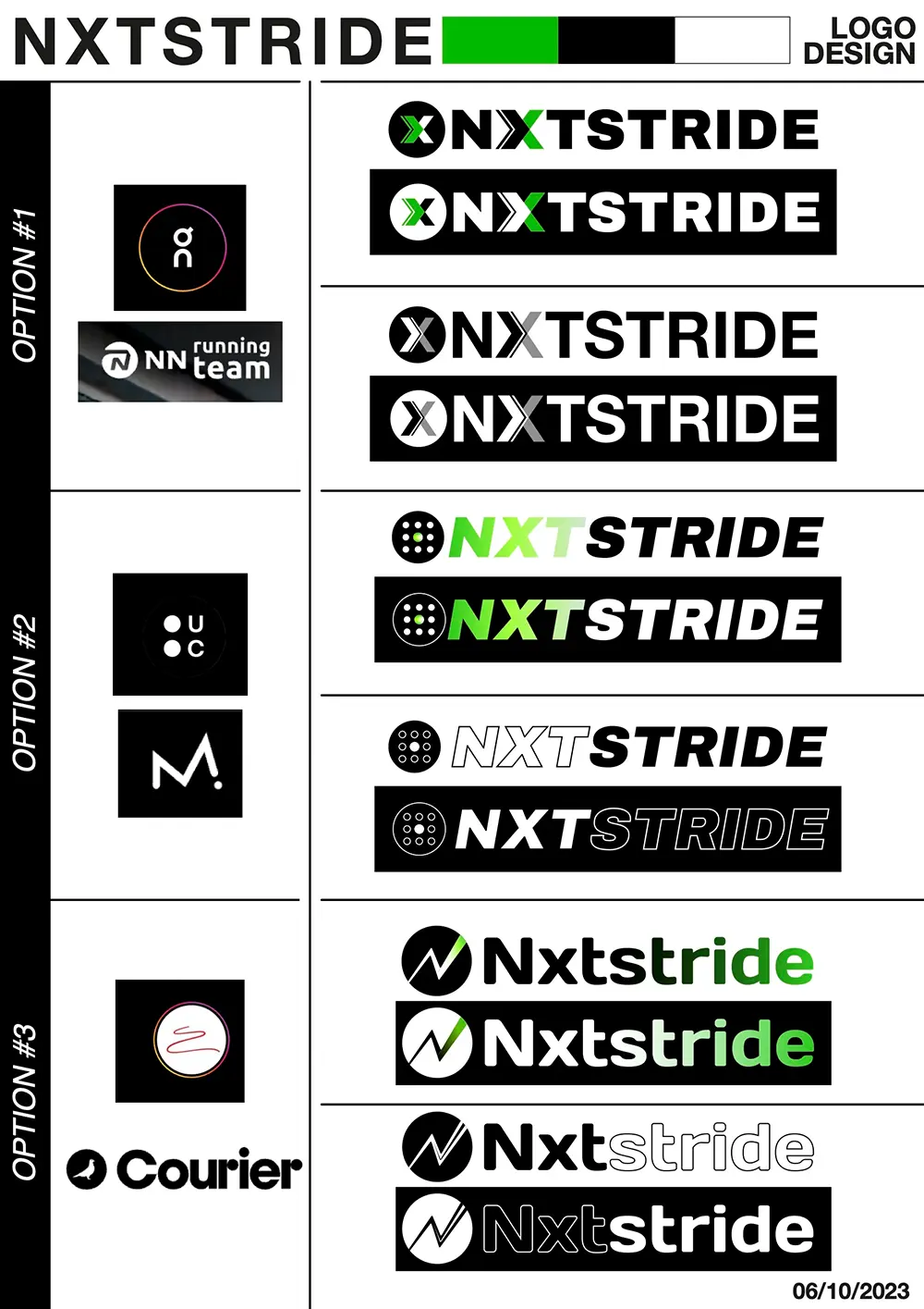 Early logo exploration concepts for the NXSTRIDE brand