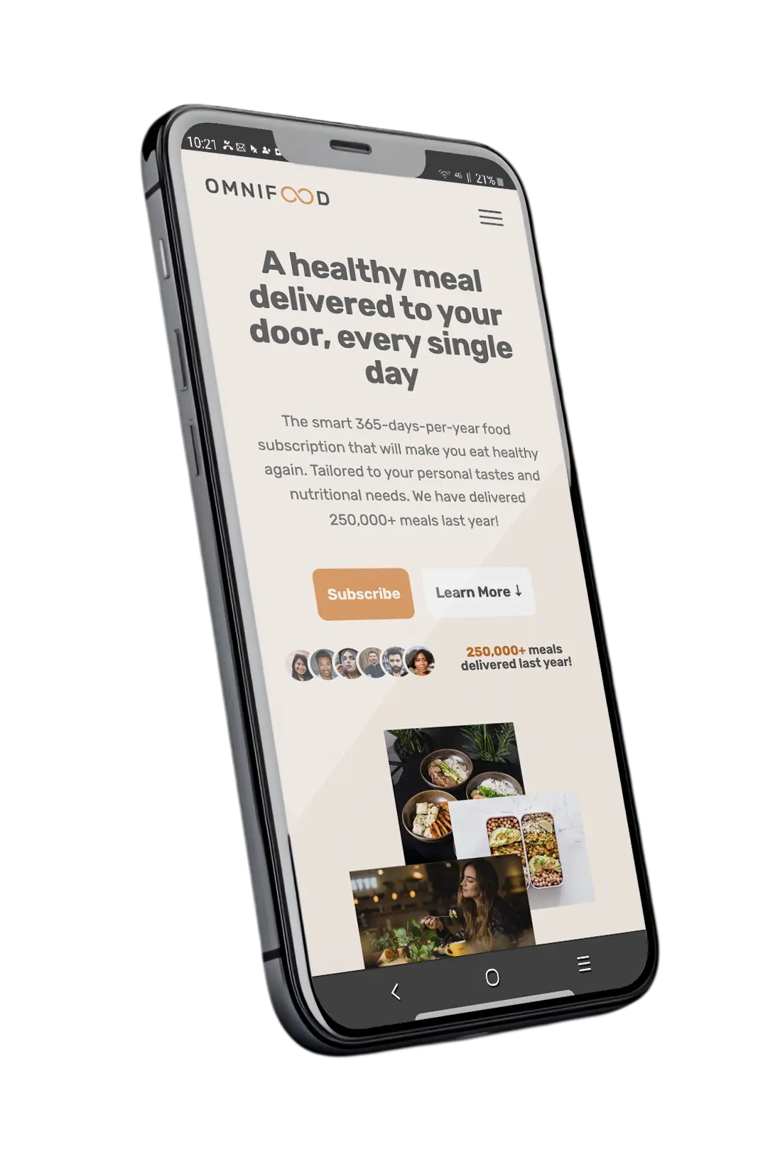 Mobile preview of the Omnifood website on an iPhone