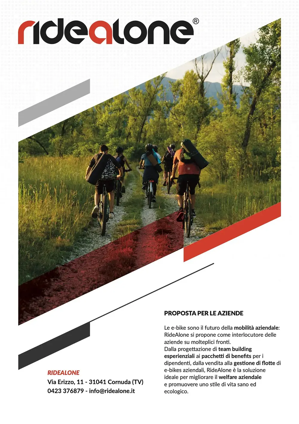 Corporate brochure cover for Ridealone company tours and team-building activities