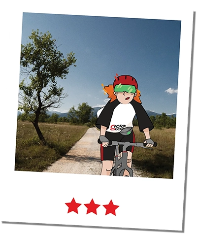 Frame of the ridealone mascotte waving hello at the top of rocca d'asolo