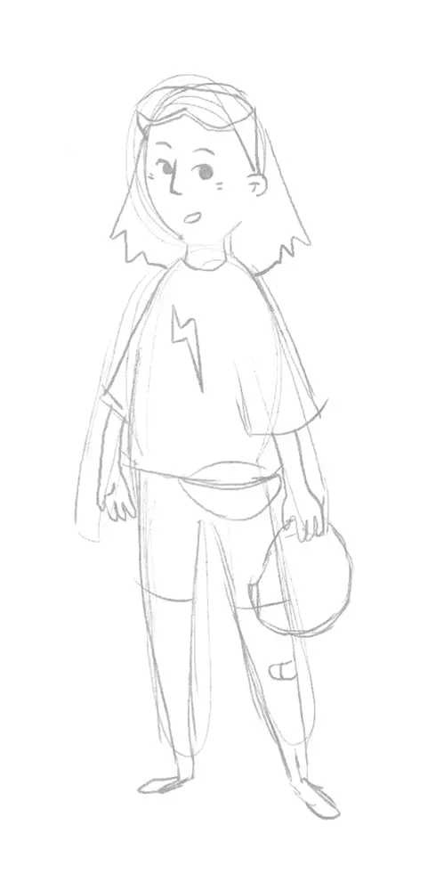 Initial concept sketch of the chosen girl mascot wearing a bike helmet