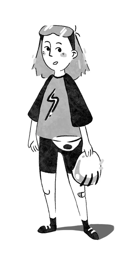 Black-and-white refinement sketch of the girl mascot character