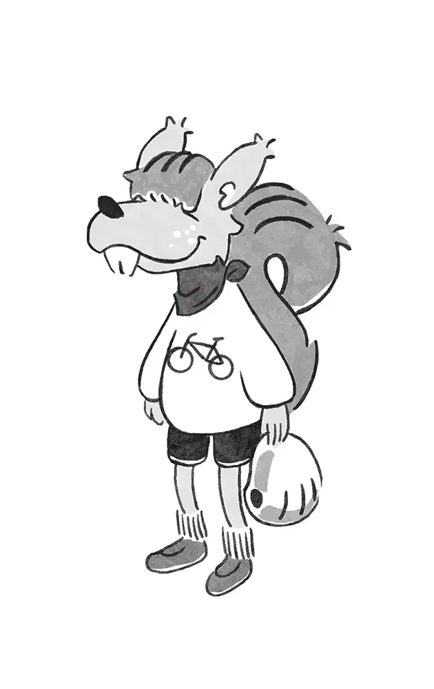 Cartoon squirrel mascot holding a helmet with a funny toothy expression