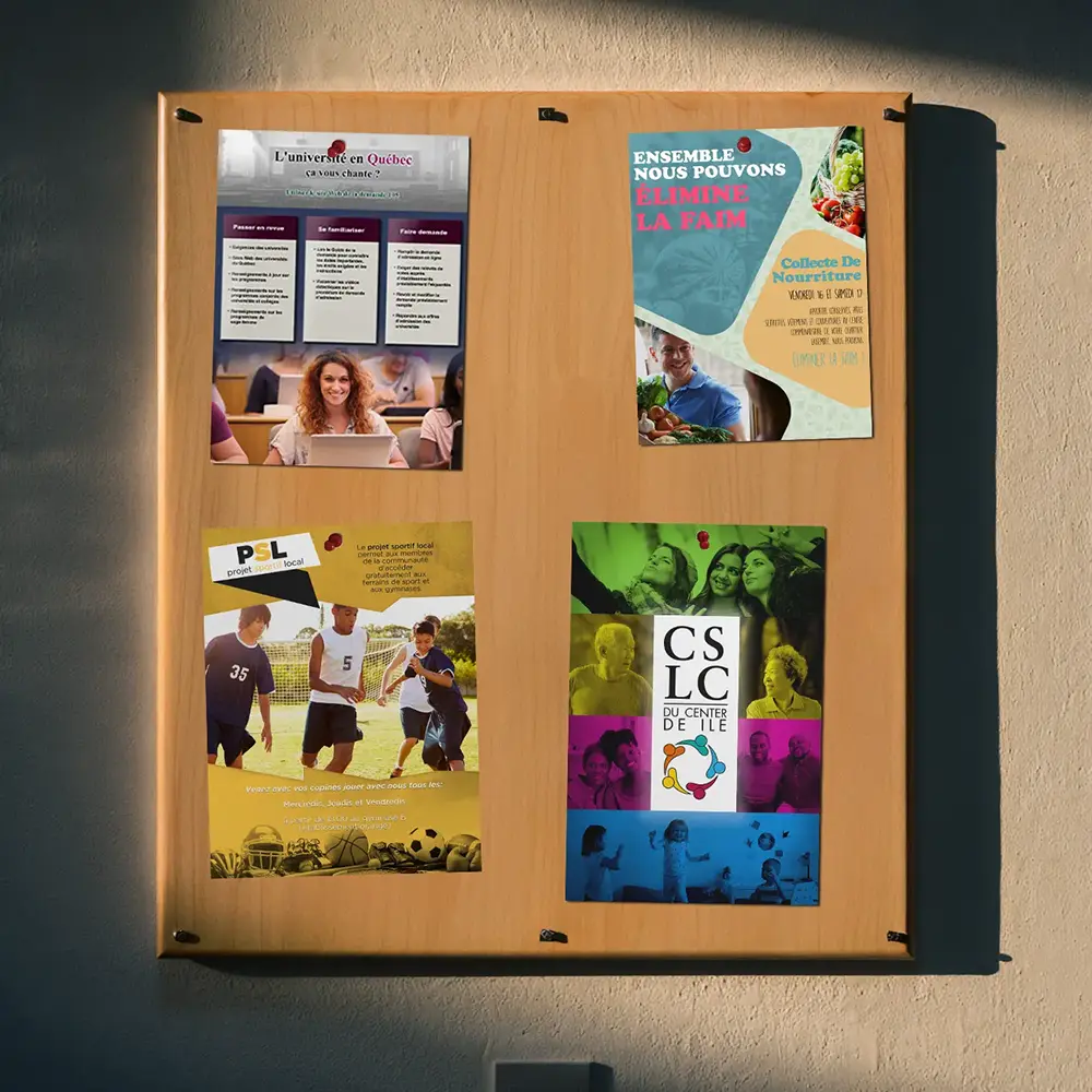 Collection of community flyers and college poster props created for TV scenes